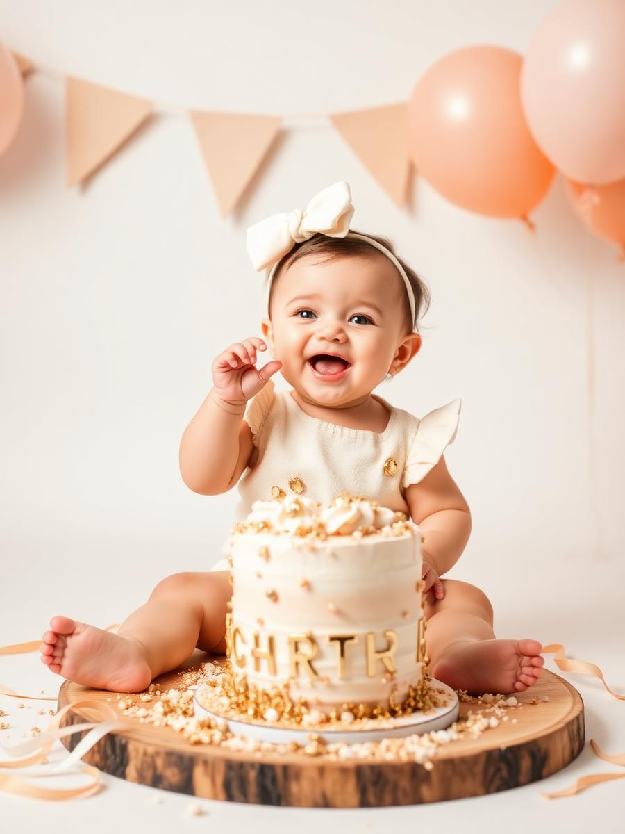 Baby enjoying a gold cake smash session